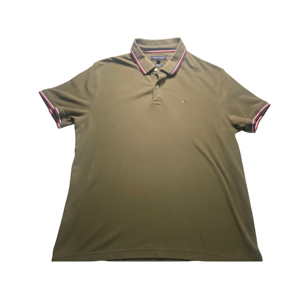 Tommy Hilfiger Mens XXL Regular Fit Polo Shirt Olive Green Tipped Pique Knit